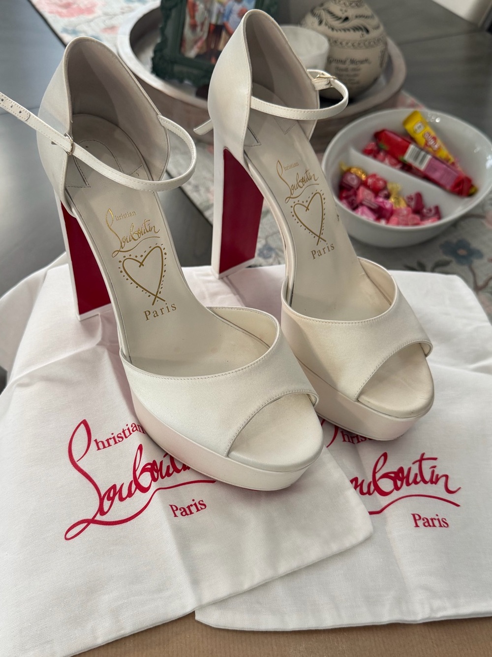 Christian Louboutin White Platform Peep-Toe Ankle-Strap Heels with Red Sole